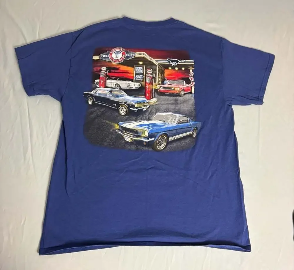 Ford Mustang Graphic T-Shirt Featuring Vintage Gas Station Scene